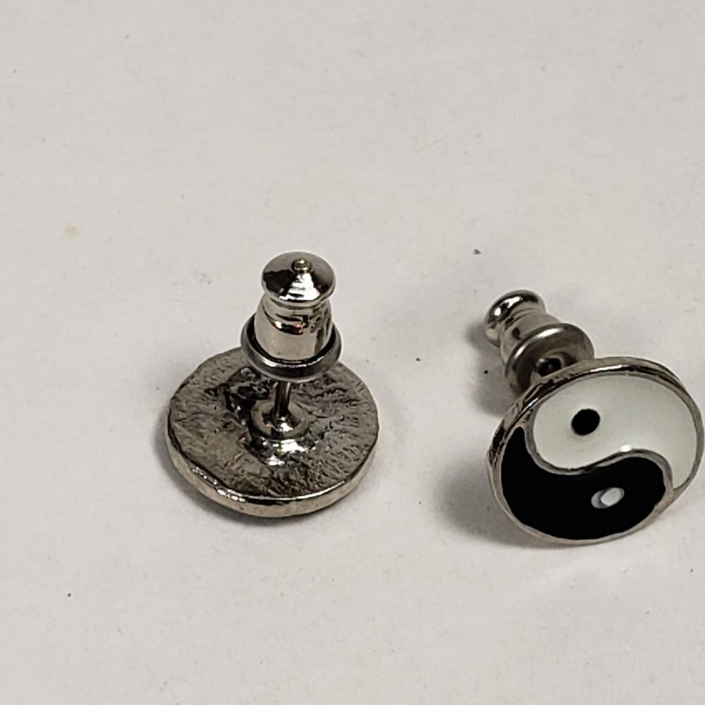 Silver-Tone Yin Yang Stud Earrings – Black White Symbol, 0.4" Minimalist Jewelry - Picture 4 of 8